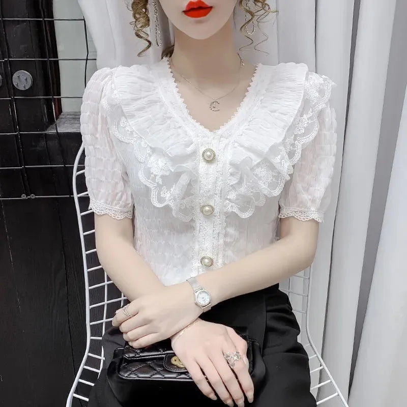 Chiffon Elegant V-Neck Lotus Leaf Edge Lace Top Shirt