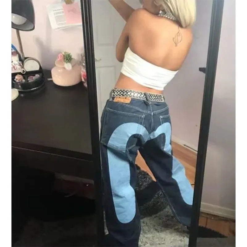 Punk Vintage Print Wide Leg Denim Jeans
