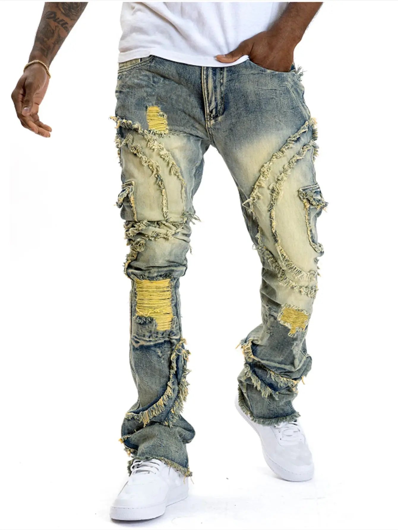 Retro ripped hole slightly flared tassel elastic jeans