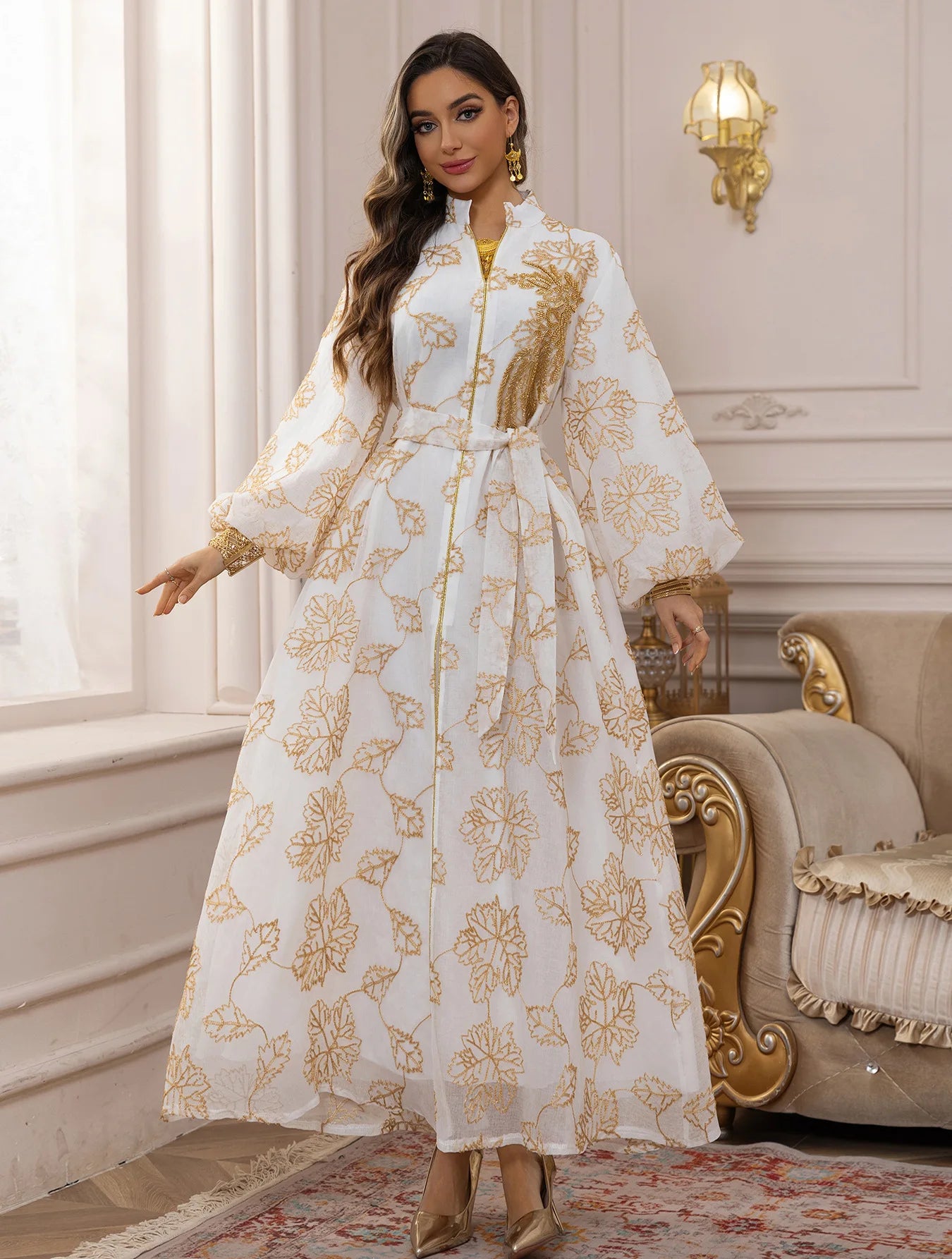 2025 Luxury Muslim Abaya White Base Gold Floral