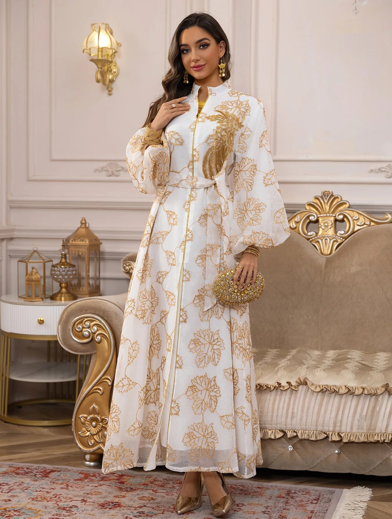 2025 Luxury Muslim Abaya White Base Gold Floral