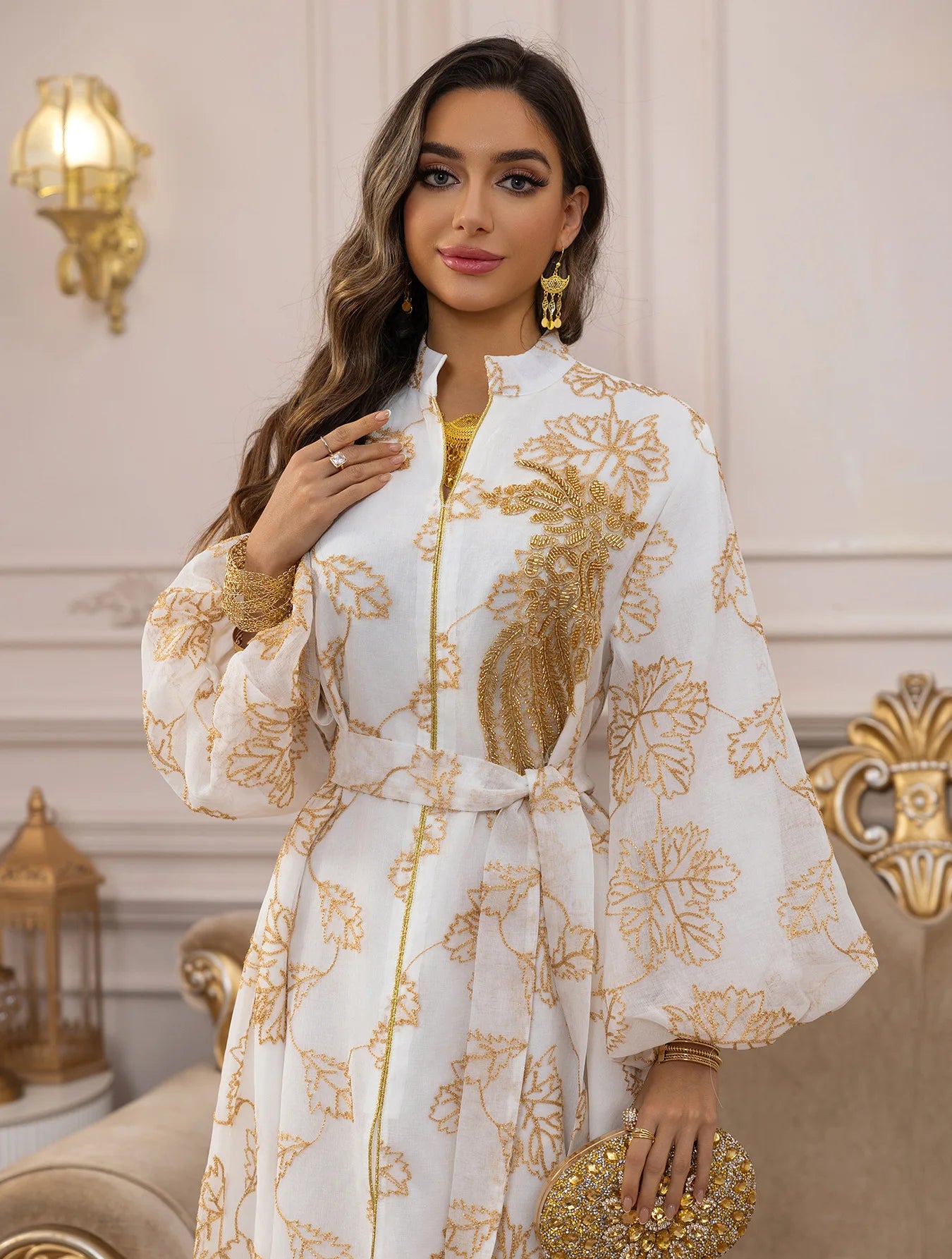 2025 Luxury Muslim Abaya White Base Gold Floral