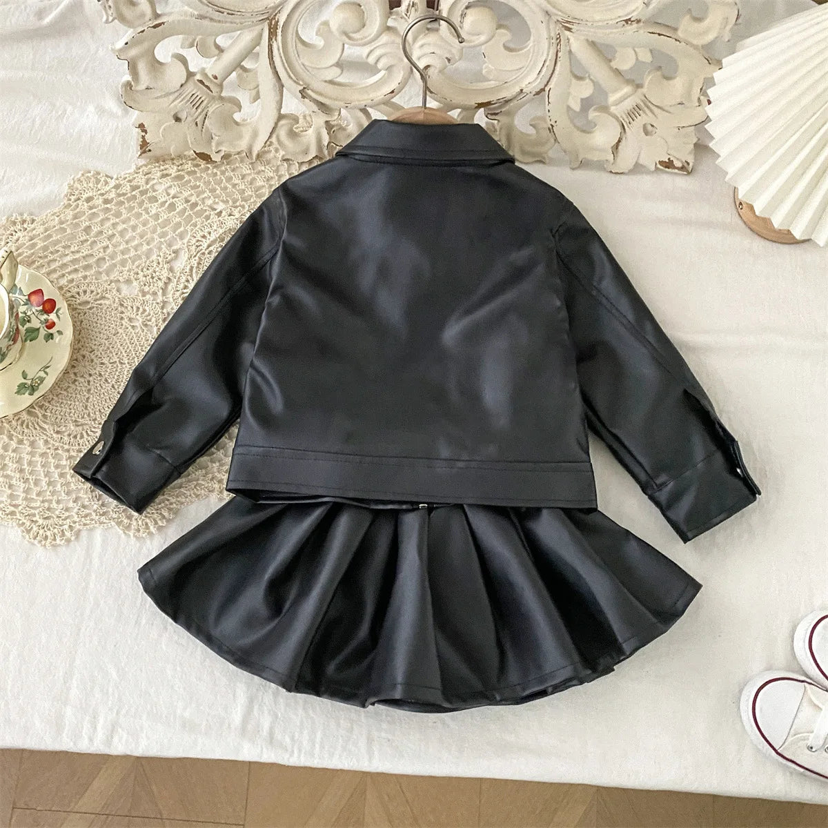 Cool Girls Pu Leather Jacket With Short Skirt Two-Piece Outfit Set