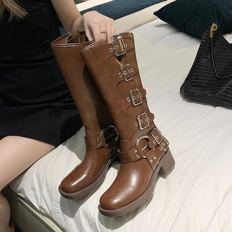 Vintage Tall Brown Belt Buckle Boots