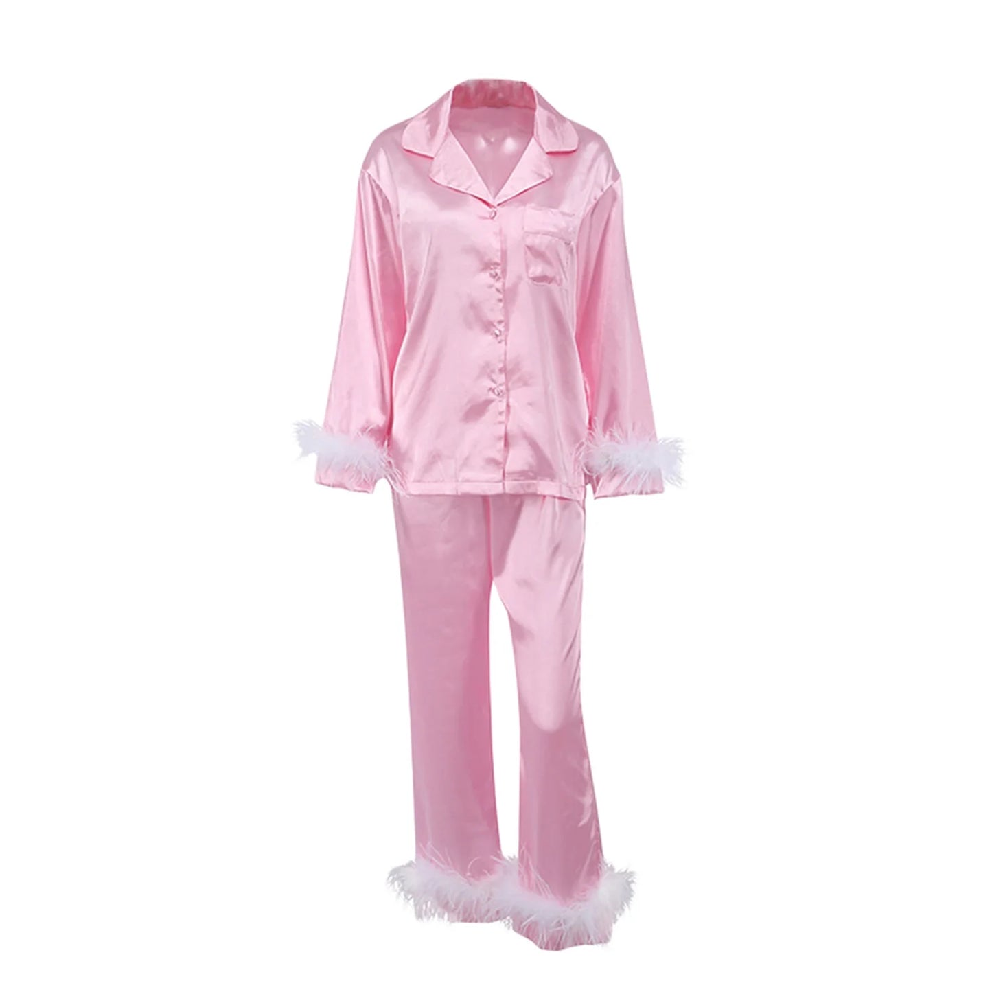 Women Soft Pajamas Sets Fur Feather Trim Long Sleeve Button Satin
