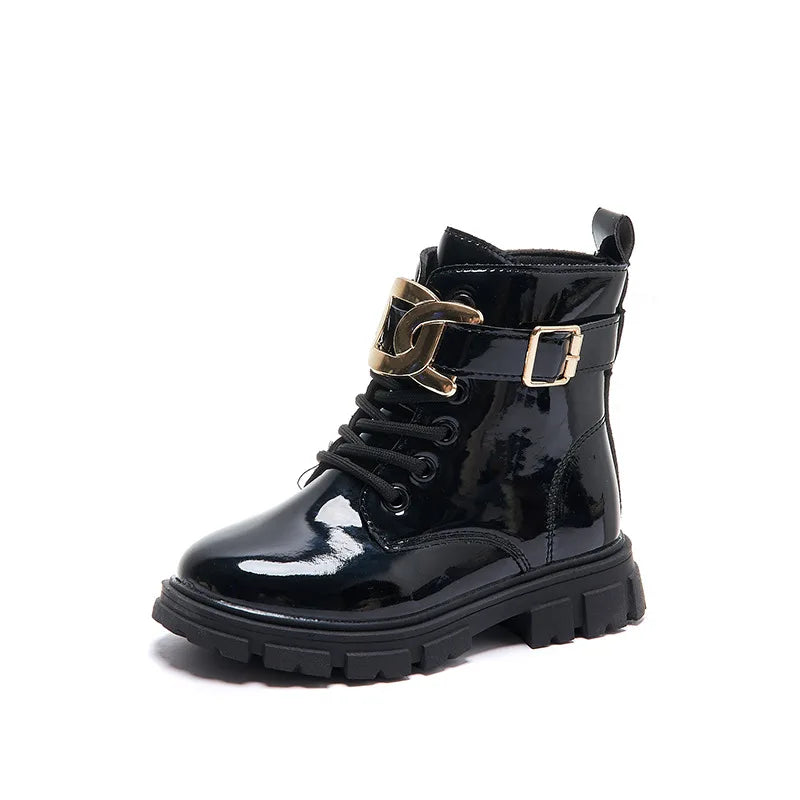 Girls Ankle Boots Glossy Buckle