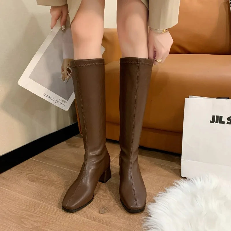 Women's Soft Pu Leather High-heeled Knee Boots