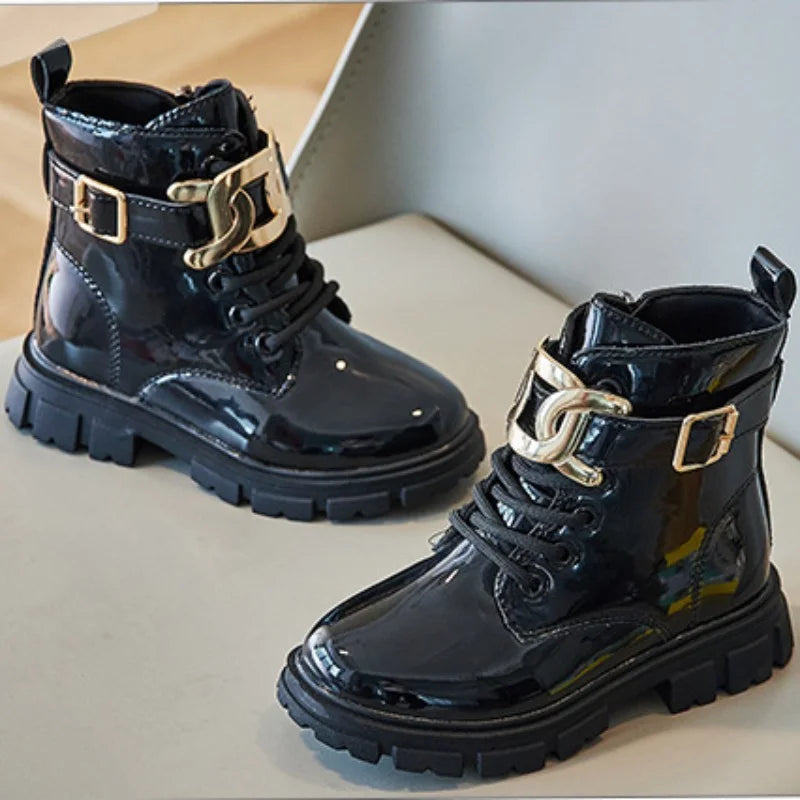 Girls Ankle Boots Glossy Buckle