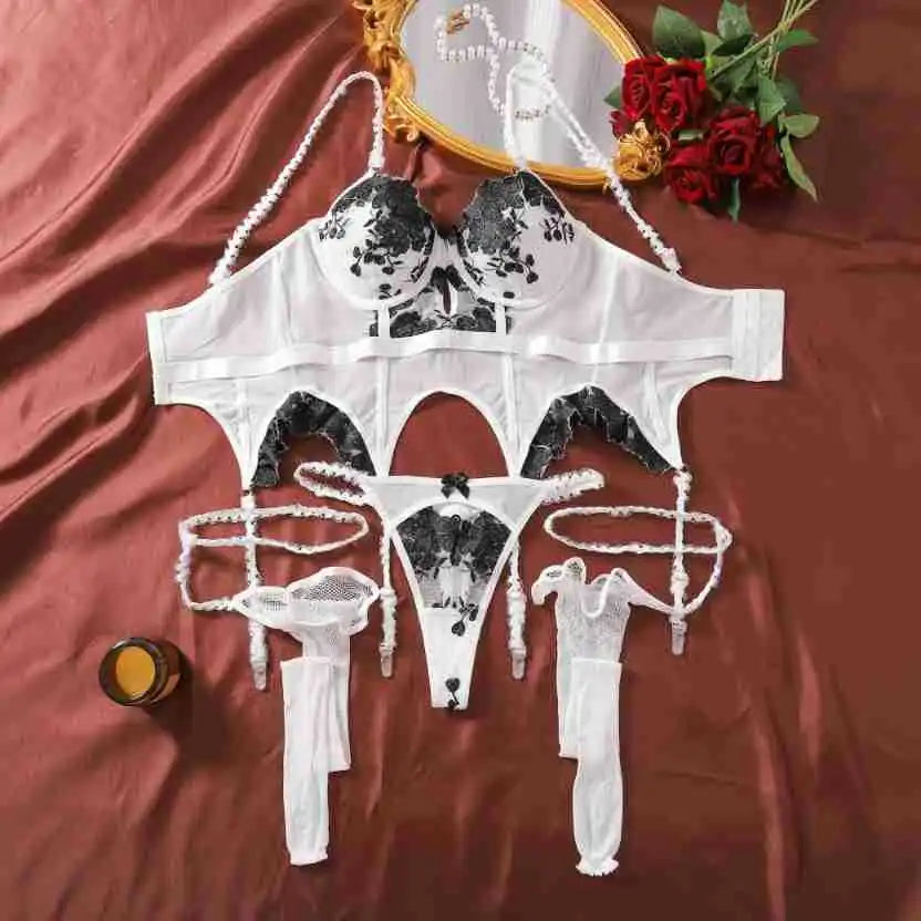 Corset Sheer Stockings Garter Belt 3-Piece Erotic Set Suspender Lace Lingerie