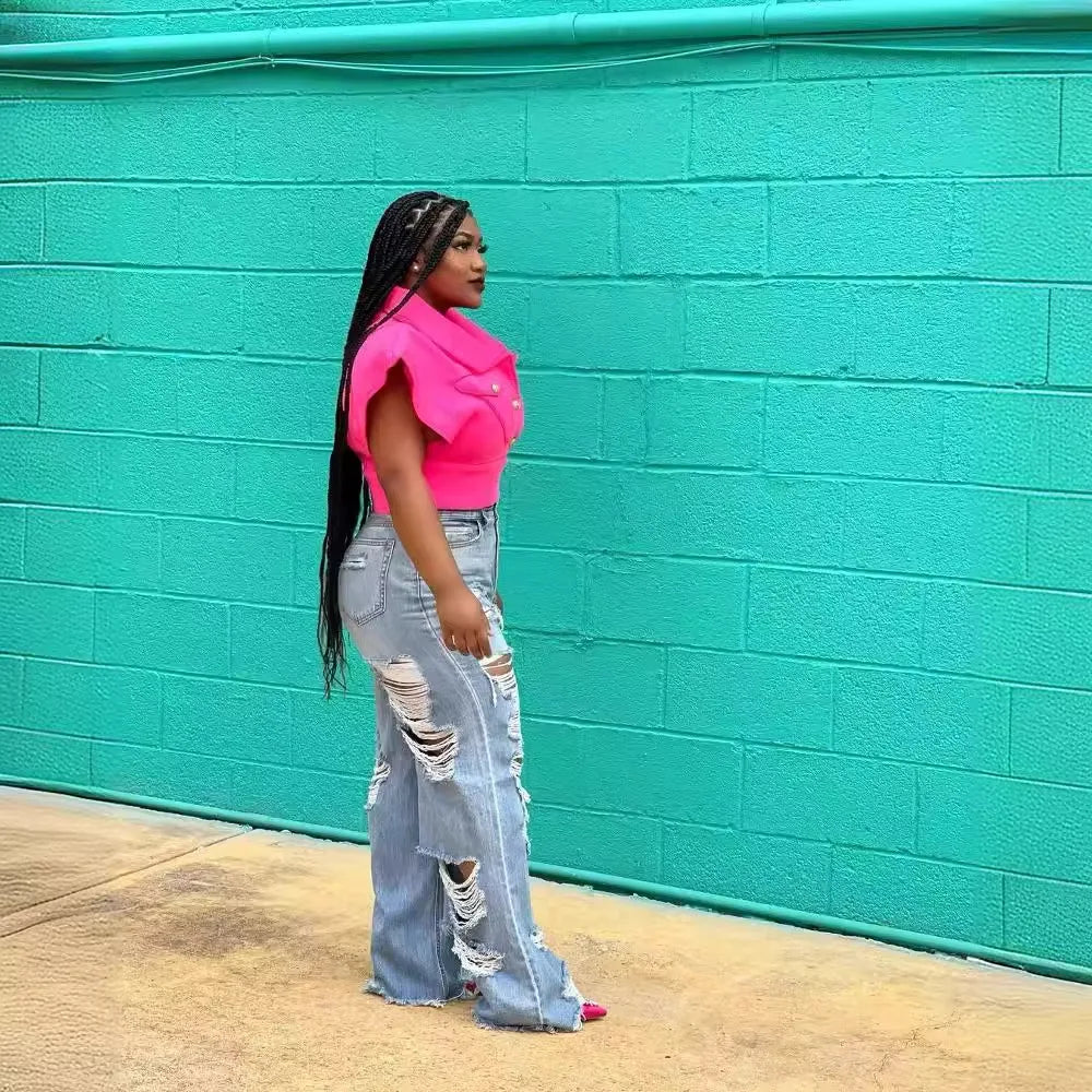Women Long Pants Elegant Splice Denim Pant