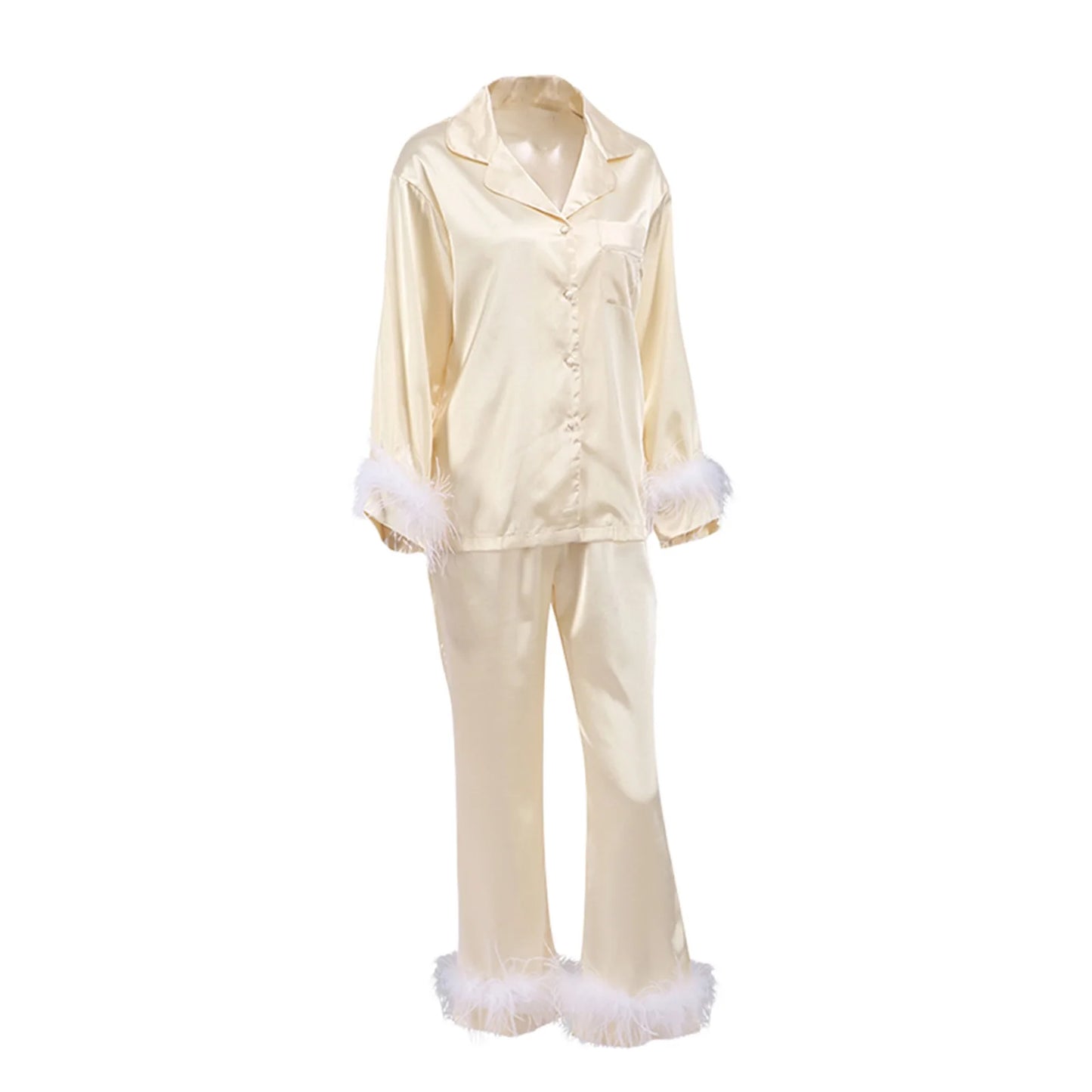 Women Soft Pajamas Sets Fur Feather Trim Long Sleeve Button Satin