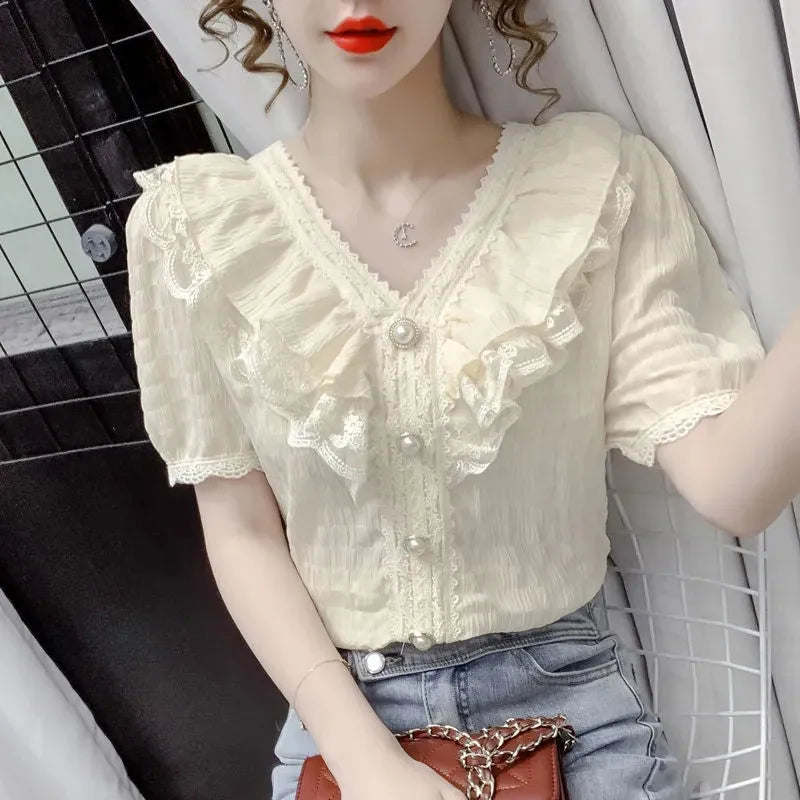 Chiffon Elegant V-Neck Lotus Leaf Edge Lace Top Shirt