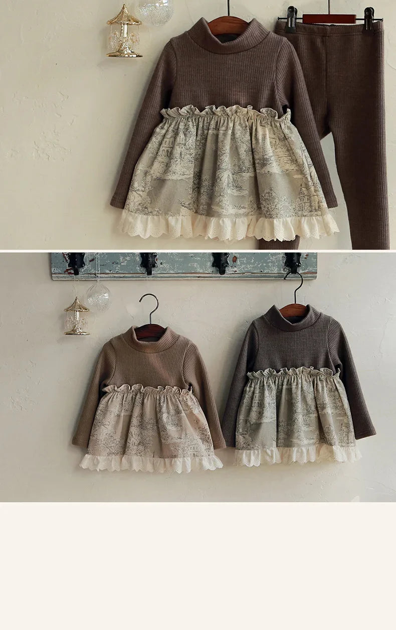 Toddler Girls Woven Spliced Lace Cute Knitted Top and Leggings Outfit Set
