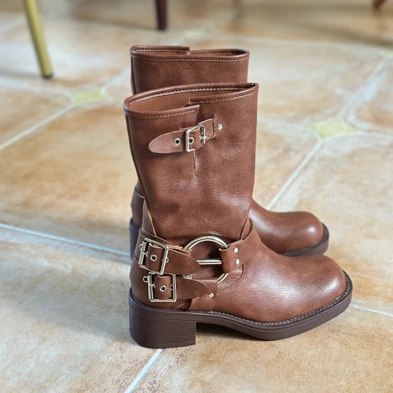 New Retro Brown Western Cowhide Boots