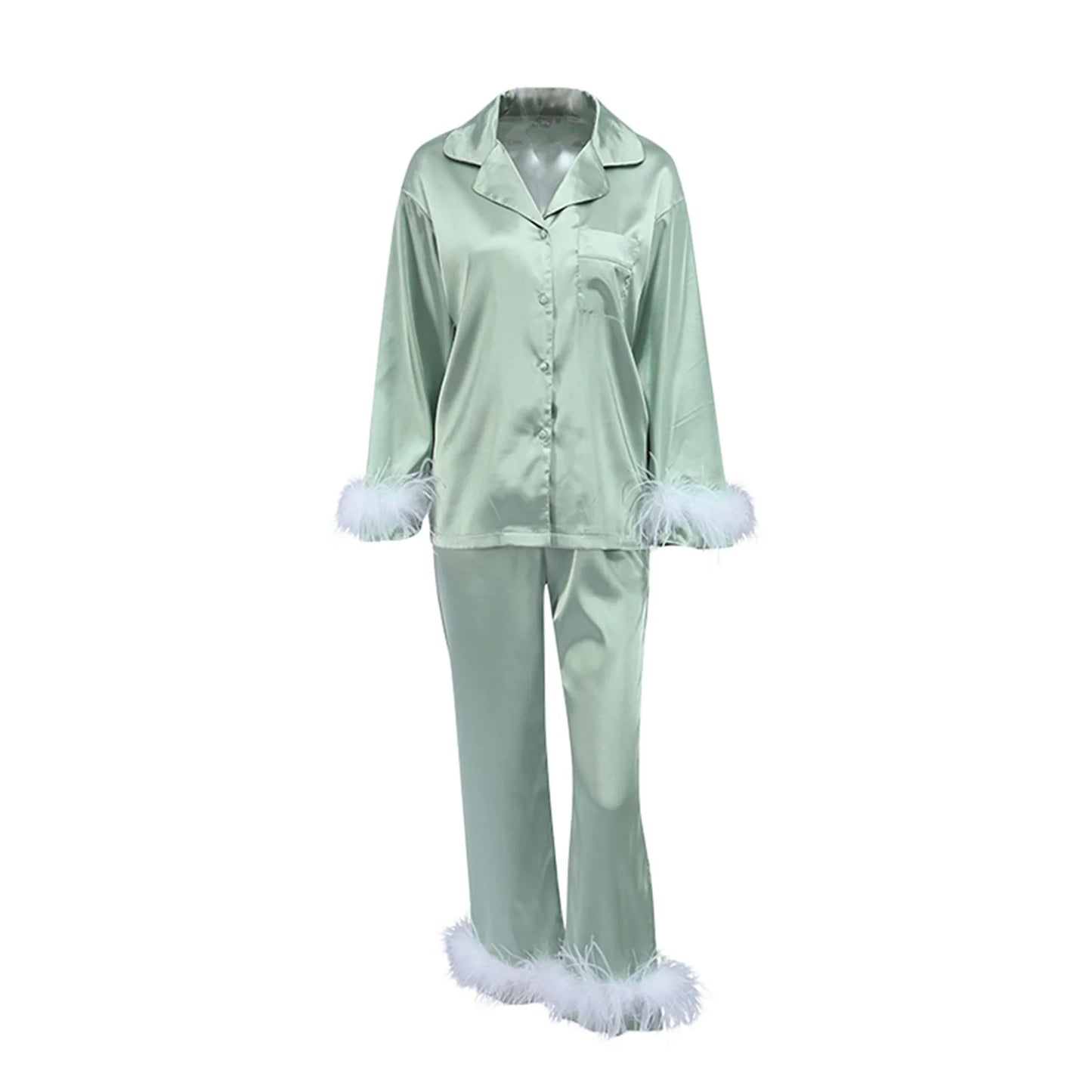 Women Soft Pajamas Sets Fur Feather Trim Long Sleeve Button Satin