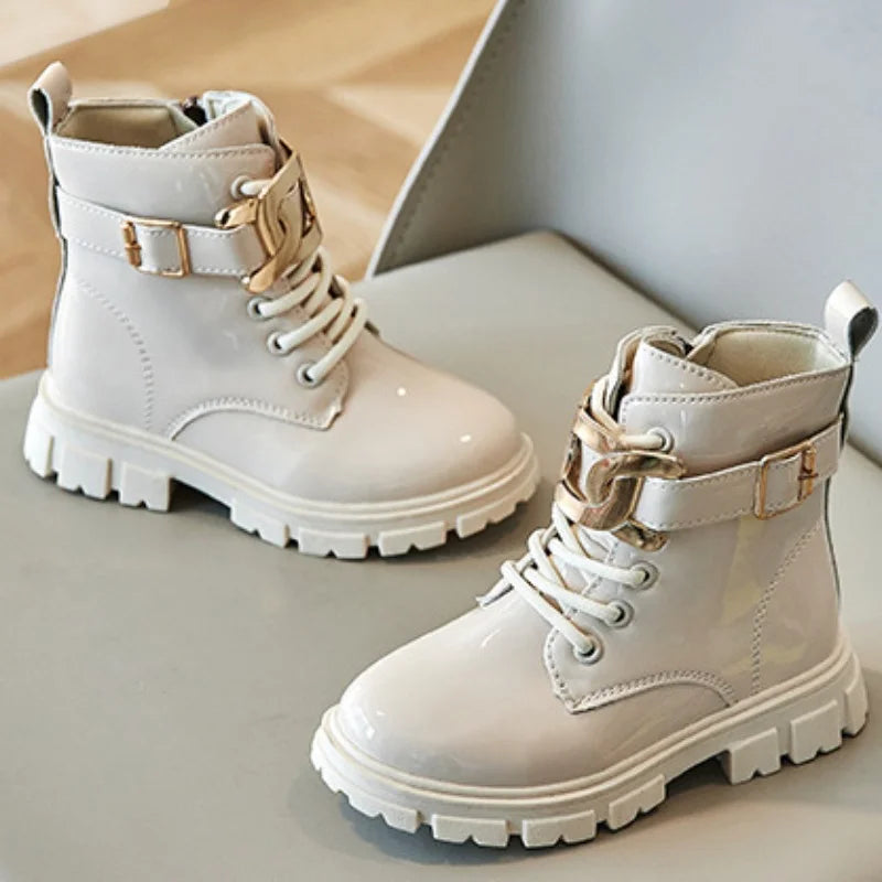 Girls Ankle Boots Glossy Buckle