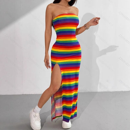 Rainbow-striped Bodycon Off-shoulder Halter