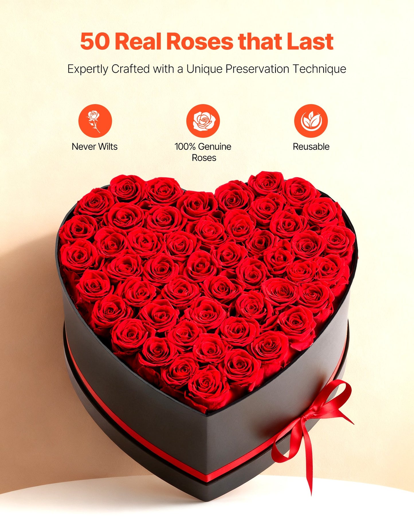 Forever Flowers, 50 Preserved Roses In A Heart Shape Box