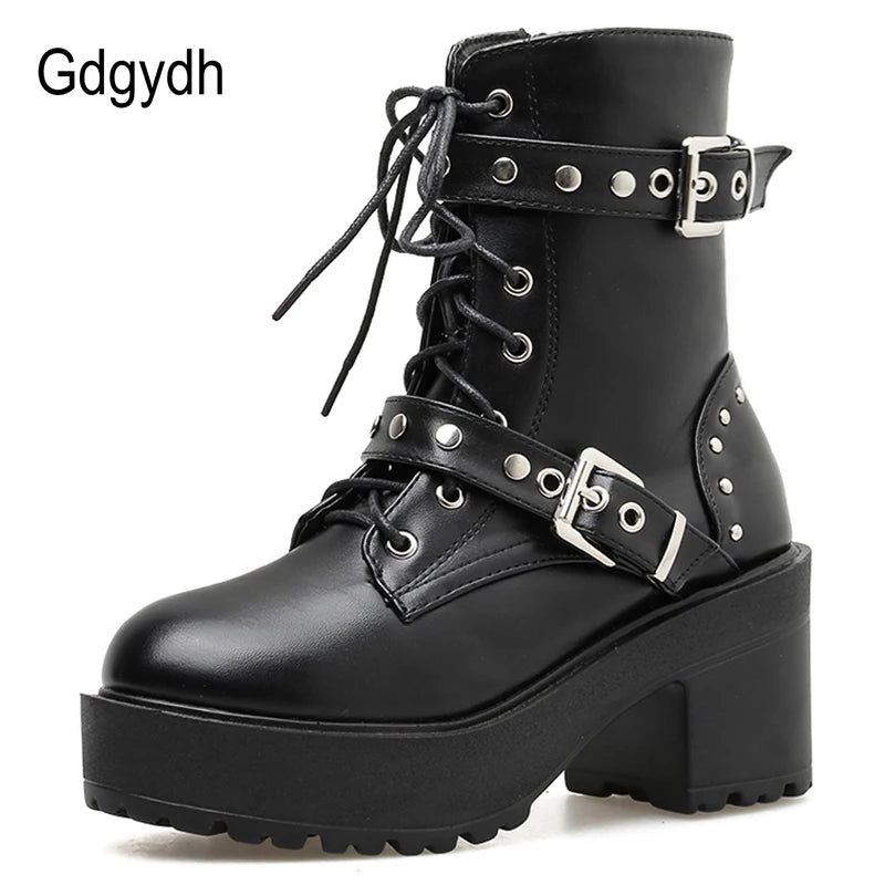 Black Leather Gothic Punk Style Combat Boots