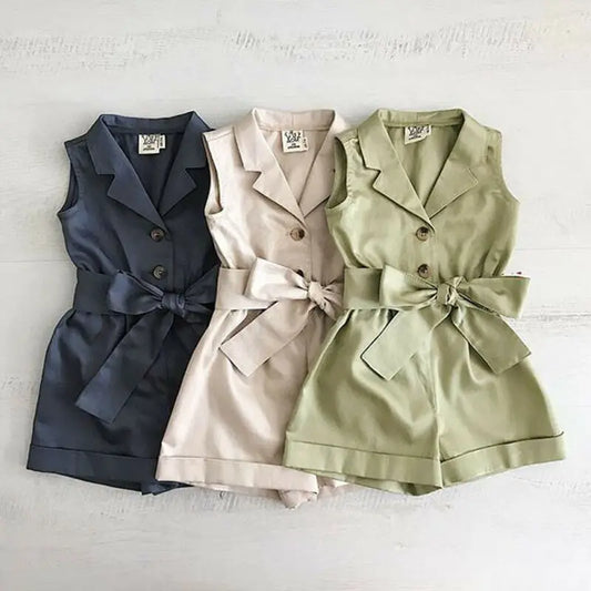 Baby Girls Sleeveless Bow-tie Waist Playsuits
