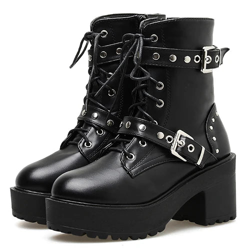 Black Leather Gothic Punk Style Combat Boots