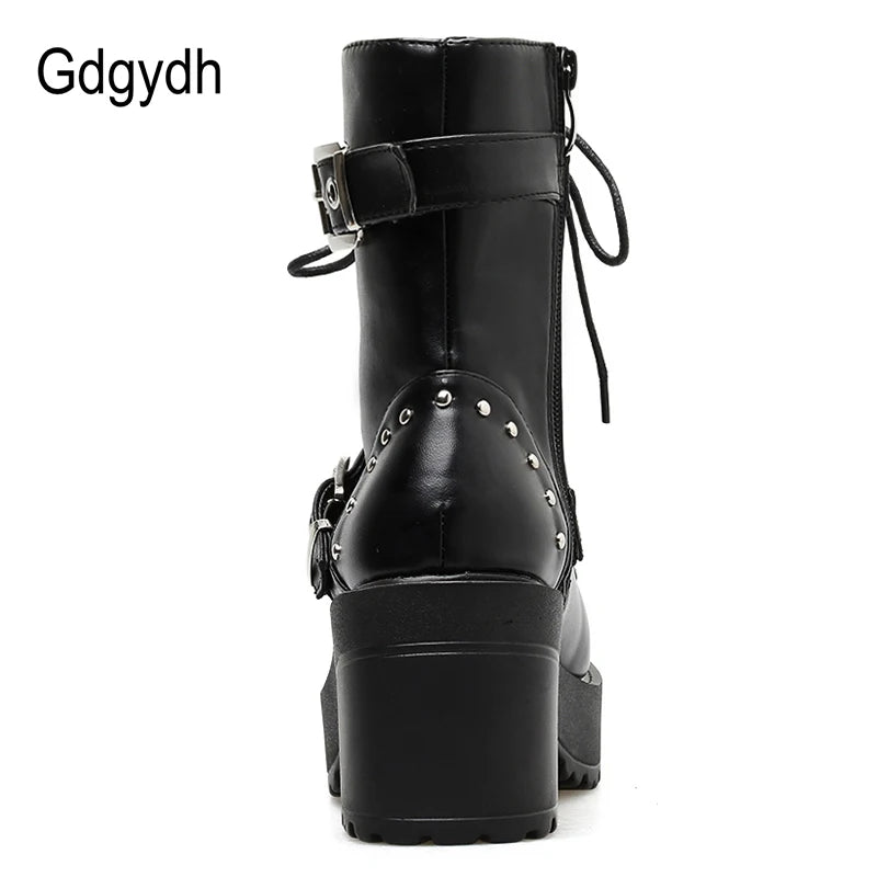 Black Leather Gothic Punk Style Combat Boots
