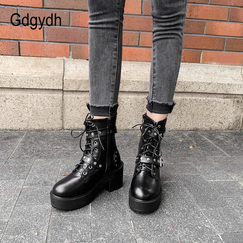 Black Leather Gothic Punk Style Combat Boots