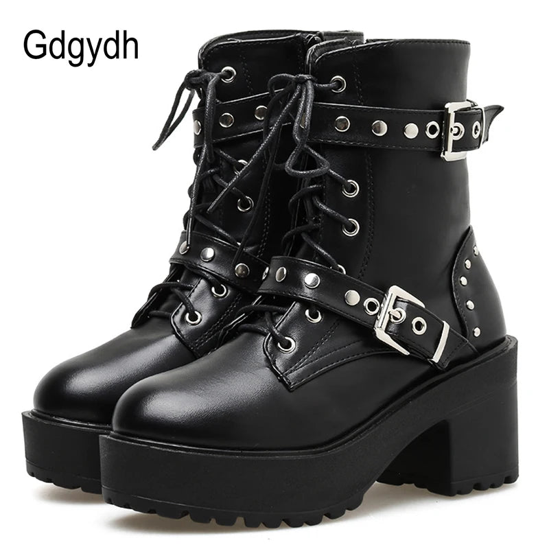 Black Leather Gothic Punk Style Combat Boots