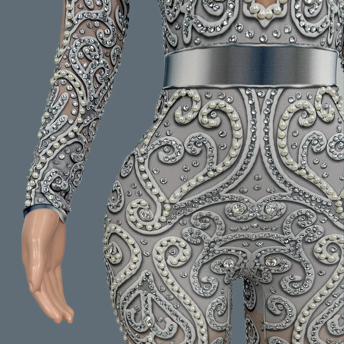 Rhinestone Pearls Spandex Jumpsuit