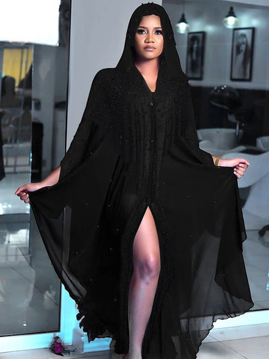Abaya Femme Dubai Turkey Black Kaftan Long Sleeve Chiffon Hooded Dresses