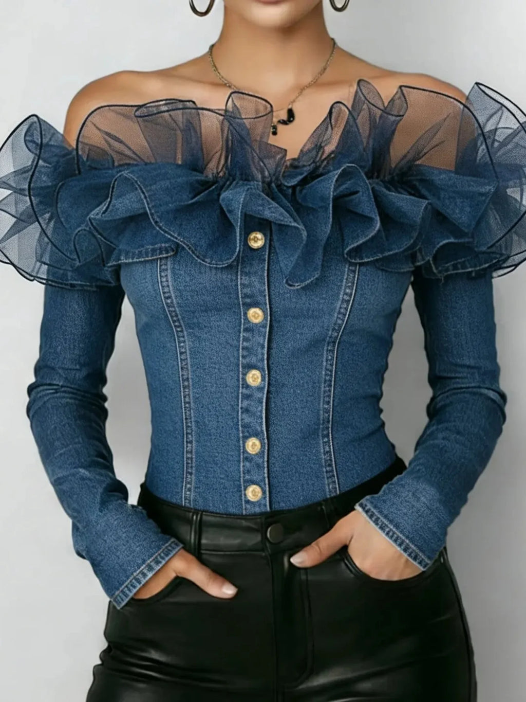 Retro Denim Off-shoulder Top