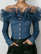 Retro Denim Off-shoulder Top