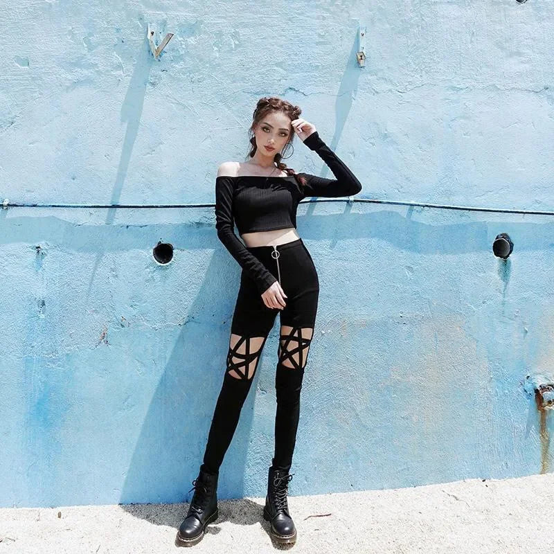 High Waist Hollow out Zipper Pencil Pants