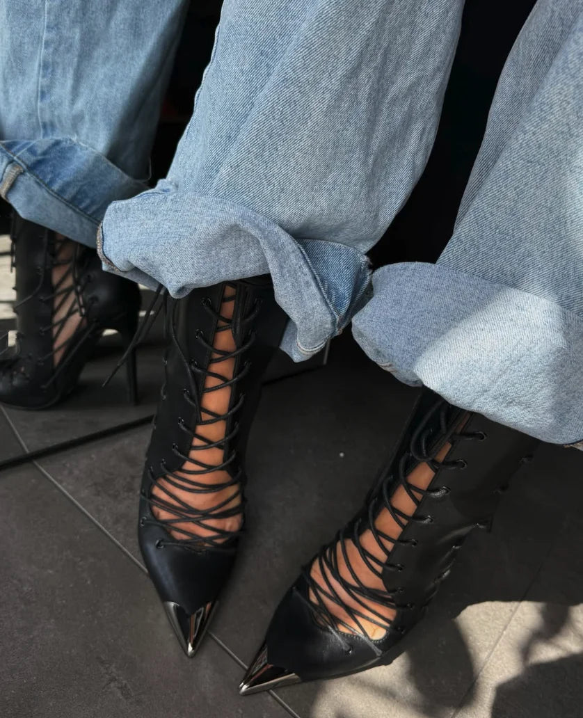 Black leather hollow out high heels