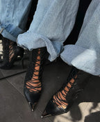 Black leather hollow out high heels