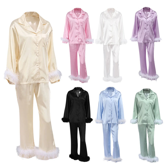 Women Soft Pajamas Sets Fur Feather Trim Long Sleeve Button Satin