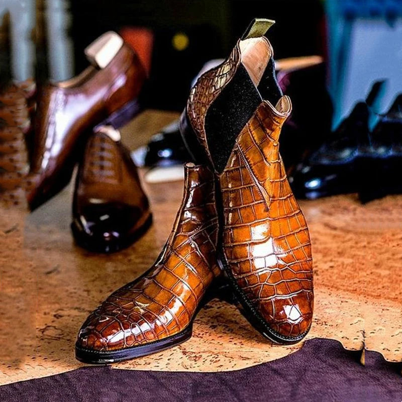 Chelsea Boots Pointed Toe Crocodile Pattern