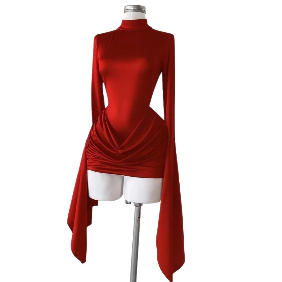 Dress Turtleneck Long Sleeve Backless Ruffled Mini Dress