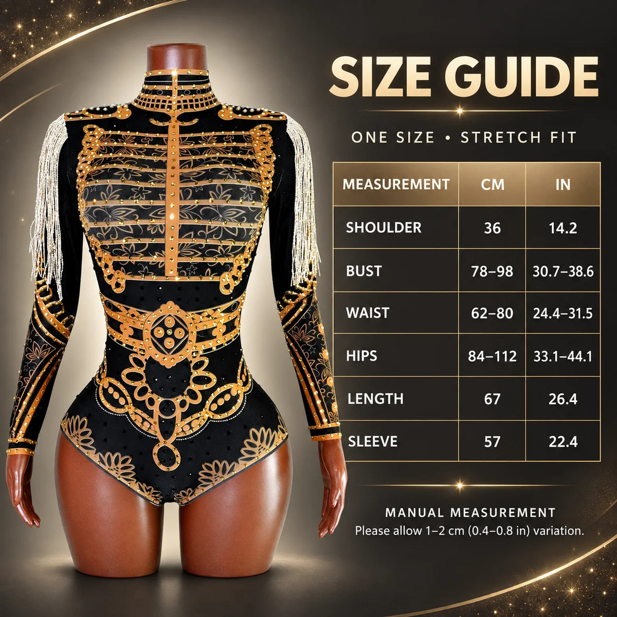 Luxury Black Gold Rhinestone Fringe Bodysuit