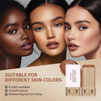 Three women with different skin tones featuring a makeup product with text about its suitability for various skin colors.