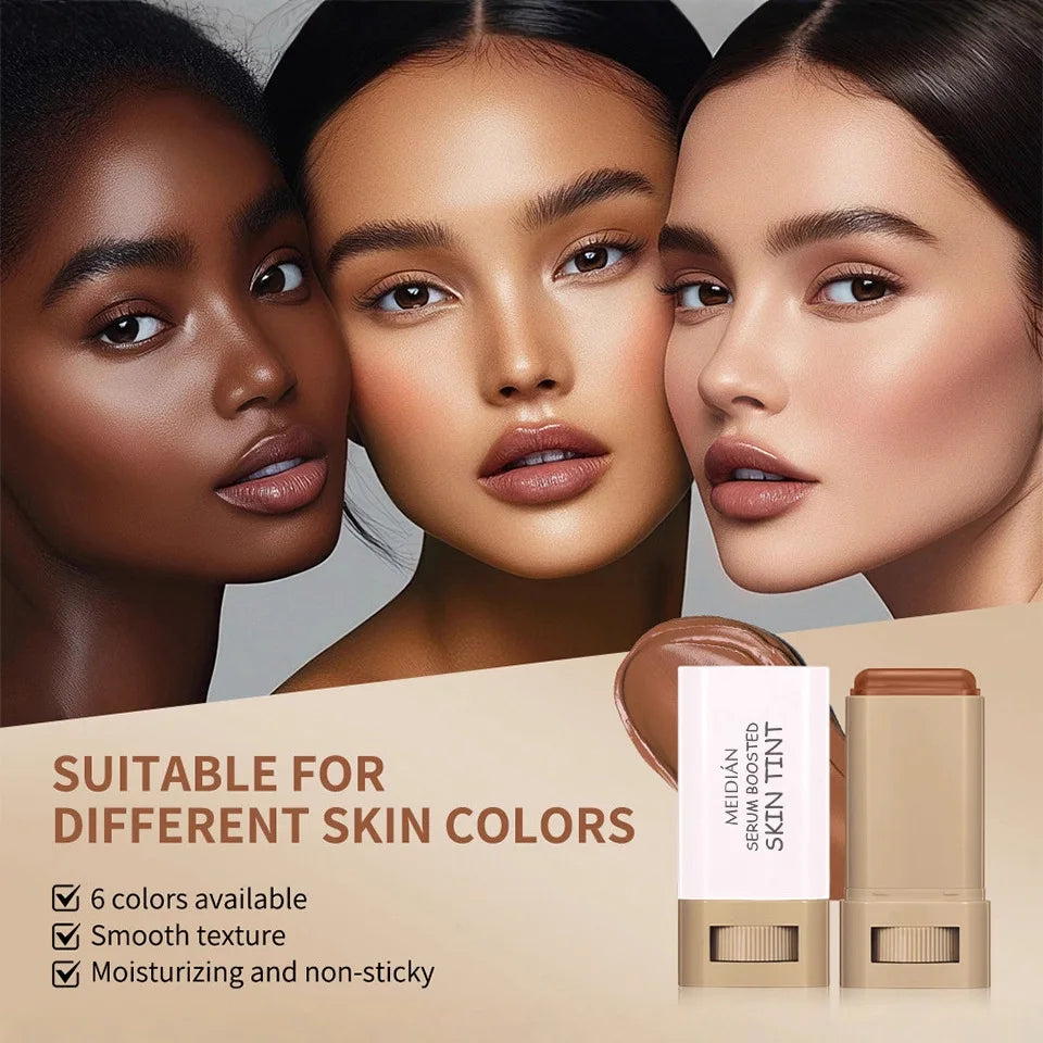 Three women with different skin tones featuring a makeup product with text about its suitability for various skin colors.