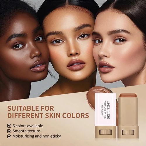 Three women with different skin tones featuring a makeup product with text about its suitability for various skin colors.