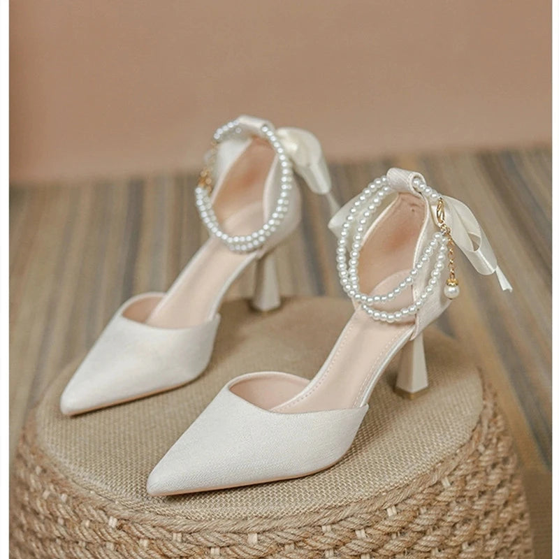 String Bead Pearls High Heels