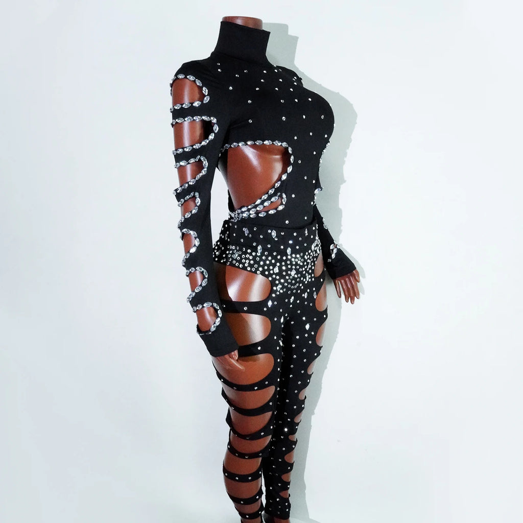Rhinest Hollow Out Black Women Bodysuit Pants