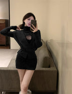 Turtleneck Pencil Mini Dress&Long Sleeve Cardigan Coat 2pc Suits