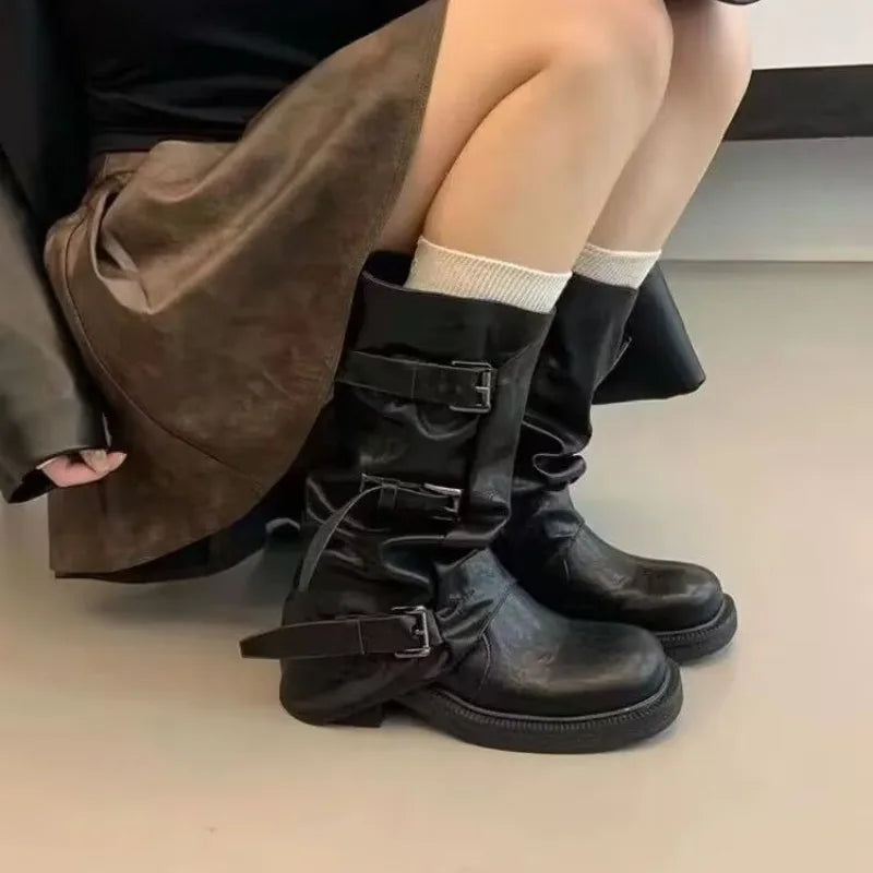 Round Toe Metal Buckle Boots