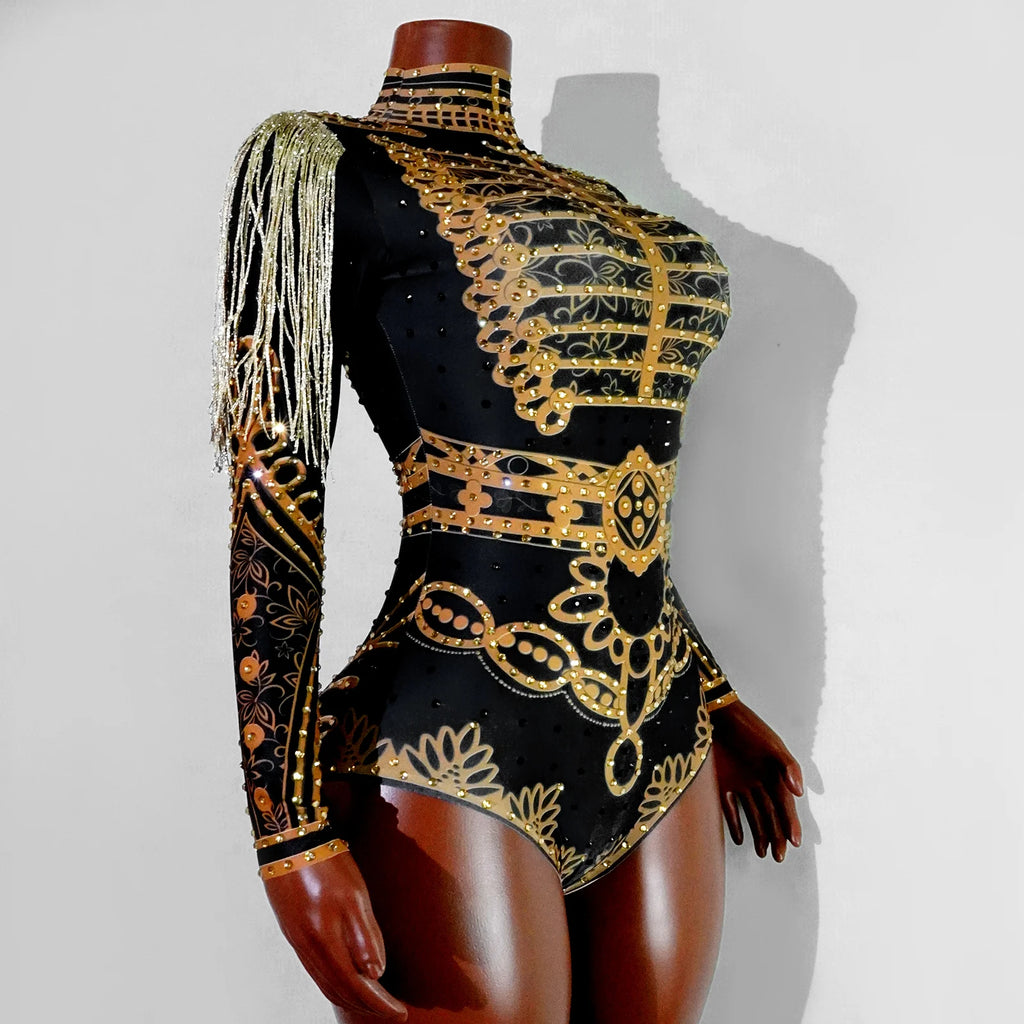 Luxury Black Gold Rhinestone Fringe Bodysuit