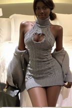 Turtleneck Pencil Mini Dress&Long Sleeve Cardigan Coat 2pc Suits