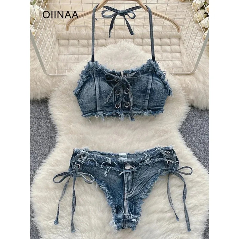 Sexy Denim Bikini Set Lace Up Drawstring