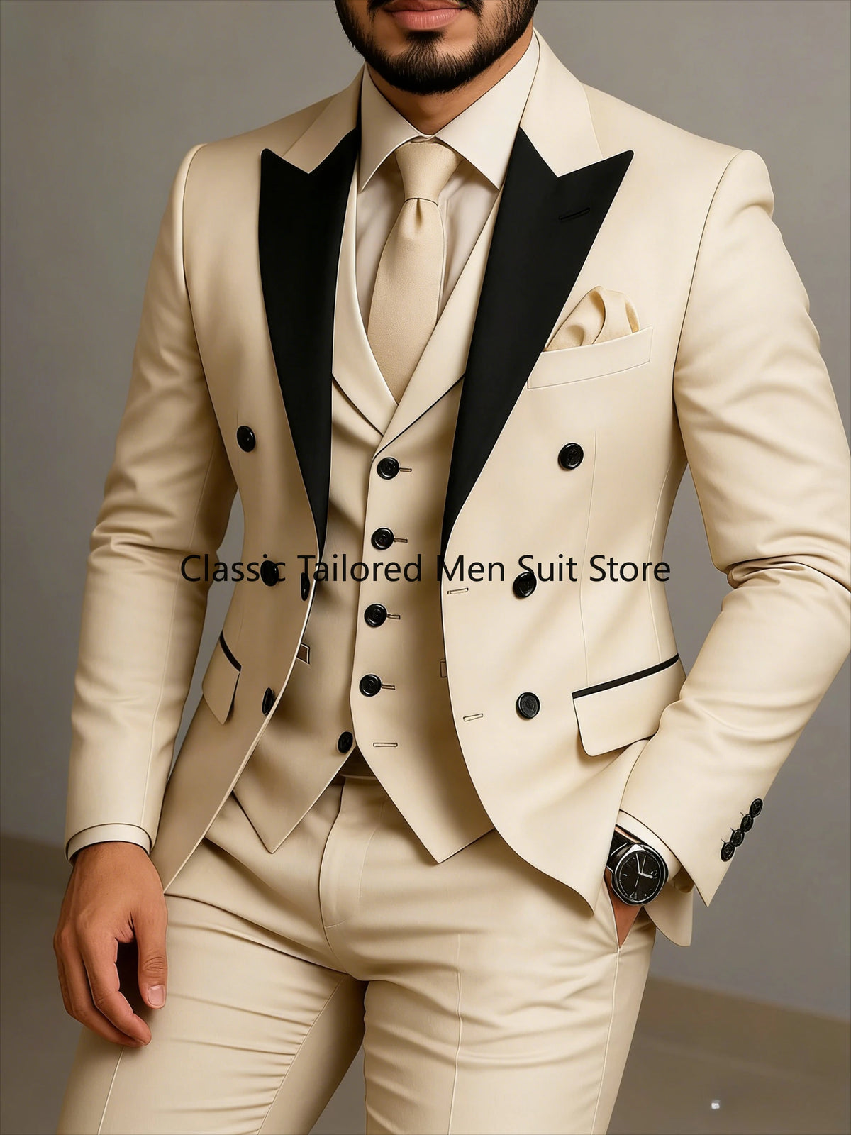 Black Lapel Beige Double Breasted Suit